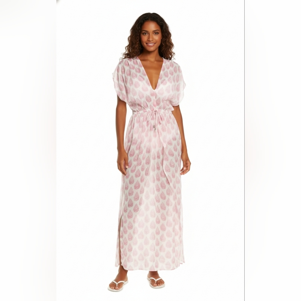 Elan Wrap Maxi Cover-Up Tunic Caftan White Pink Tropical Leaf Print Elastic, XS